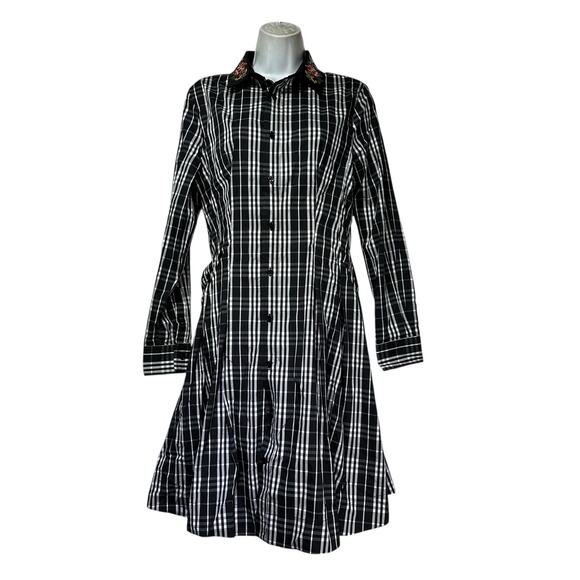 trish scully black plaid floral embroidered collar long sleeve button up dress 8 - Picture 1 of 7